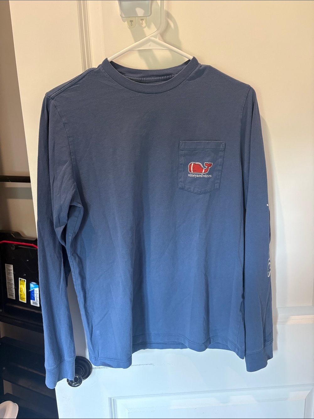Vineyard Vines Navy Long-Sleeve Pocket Tee with Red Whale Logo